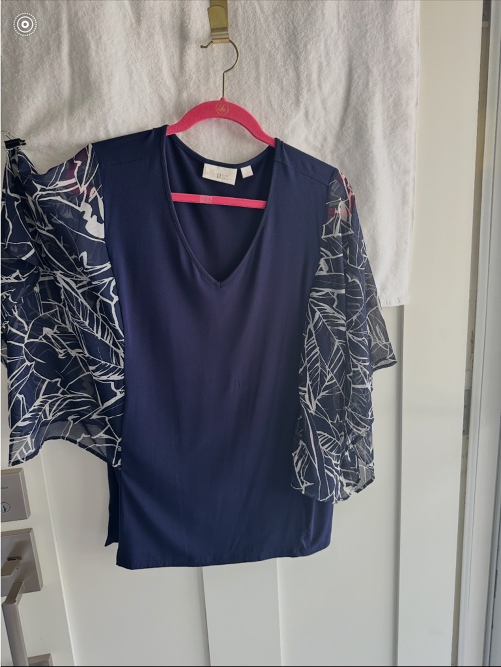 Belle by Kim Gravel Navy V-Neck Top with Sheer Leaf-Print Sleeves